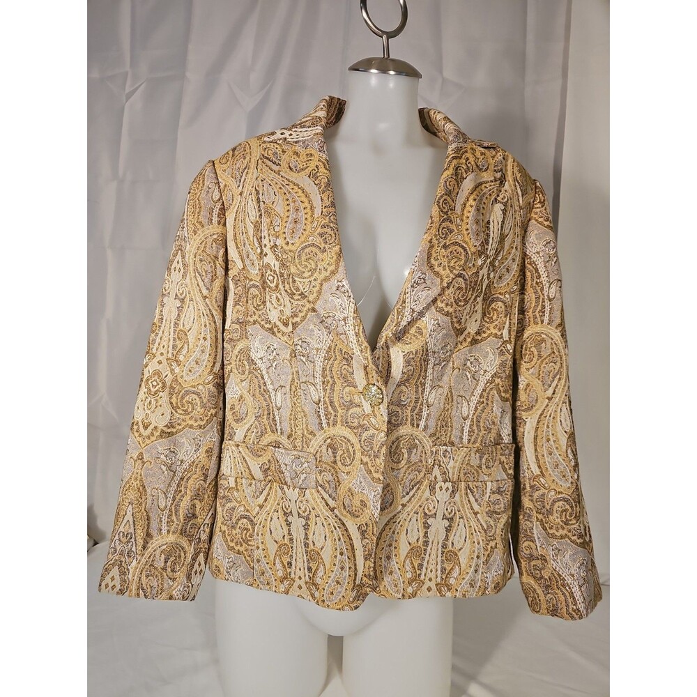 Coldwater Creek Boho Glam Paisley Metallic Jacquard Blazer Large Gold Silver